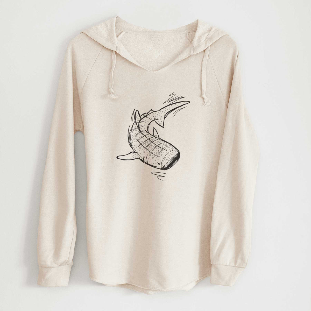 Bone cream women's Cali Wave hooded sweatshirt laid flat, printed with a black ink illustration of a spotted whale shark swimming.