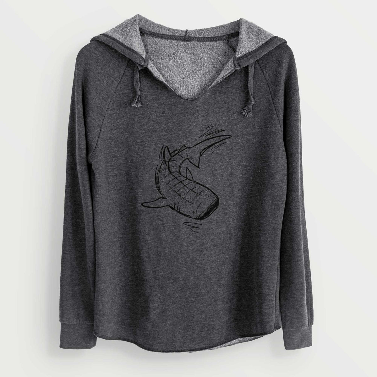 Charcoal grey women's Cali Wave hooded sweatshirt laid flat, printed with a black ink illustration of a spotted whale shark swimming.