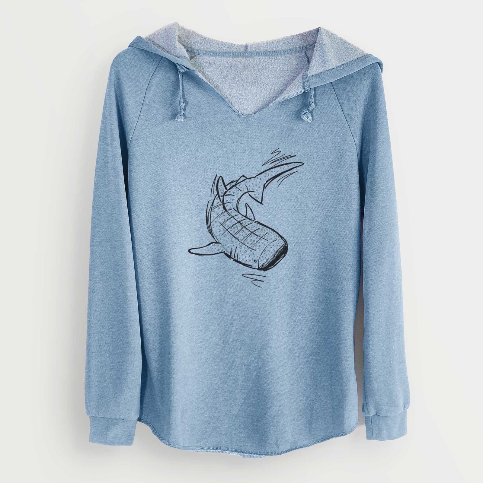 Misty blue women's Cali Wave hooded sweatshirt laid flat, printed with a black ink illustration of a spotted whale shark swimming.
