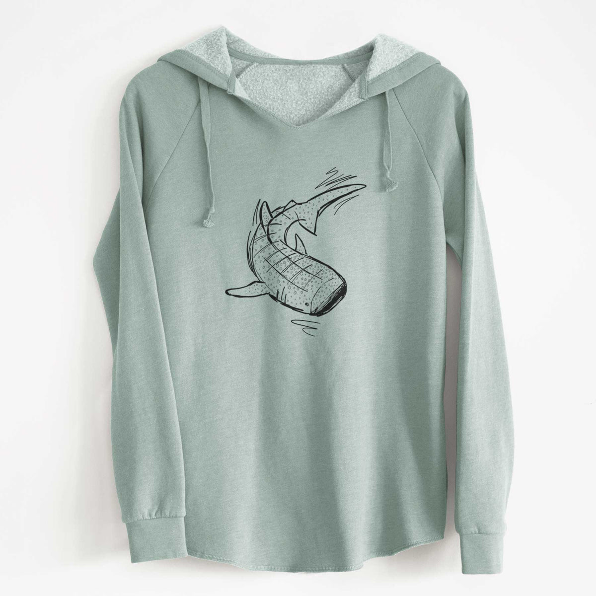 Sage green women's Cali Wave hooded sweatshirt laid flat, printed with a black ink illustration of a spotted whale shark swimming.