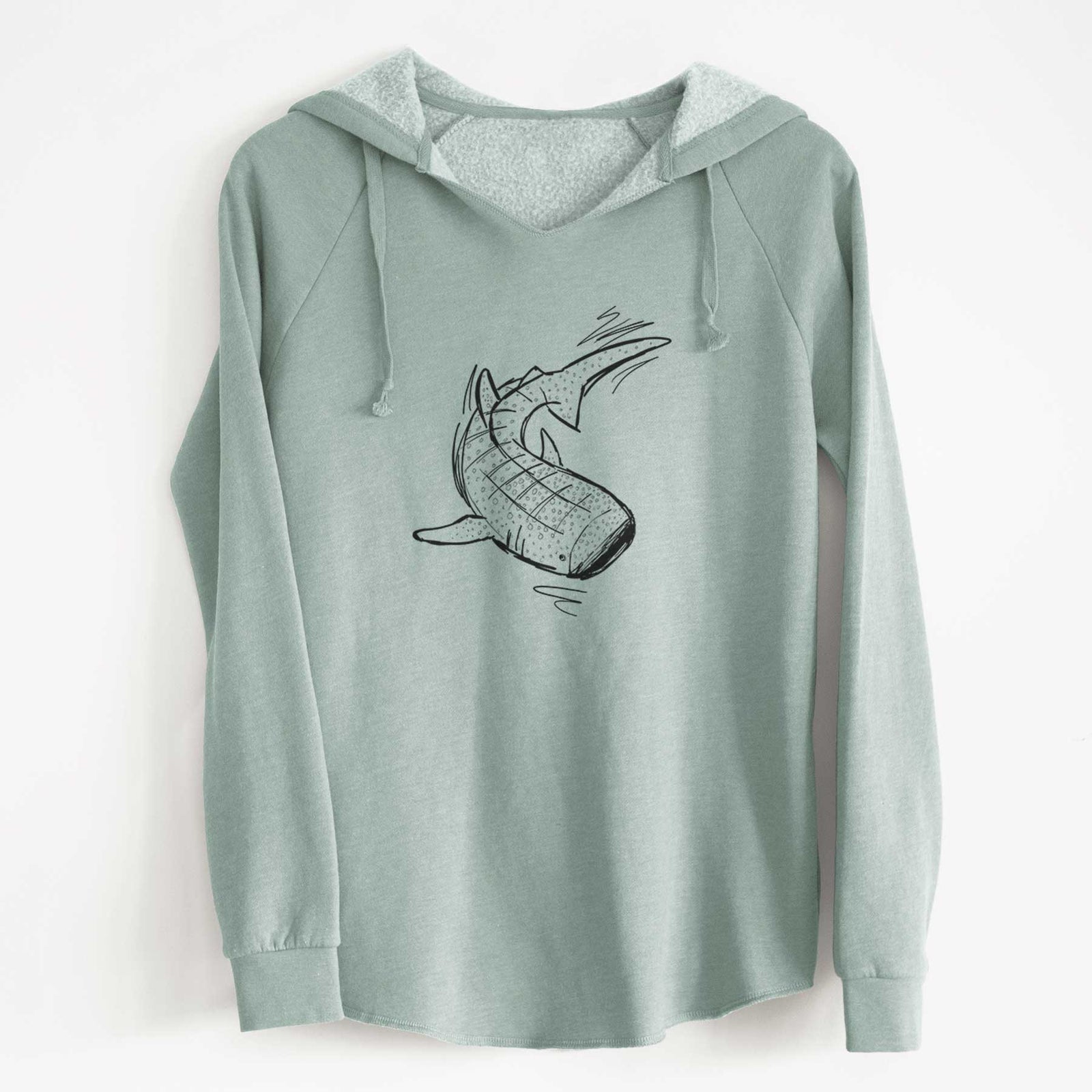 Misty blue women's Cali Wave hooded sweatshirt laid flat, printed with a black ink illustration of a spotted whale shark swimming.