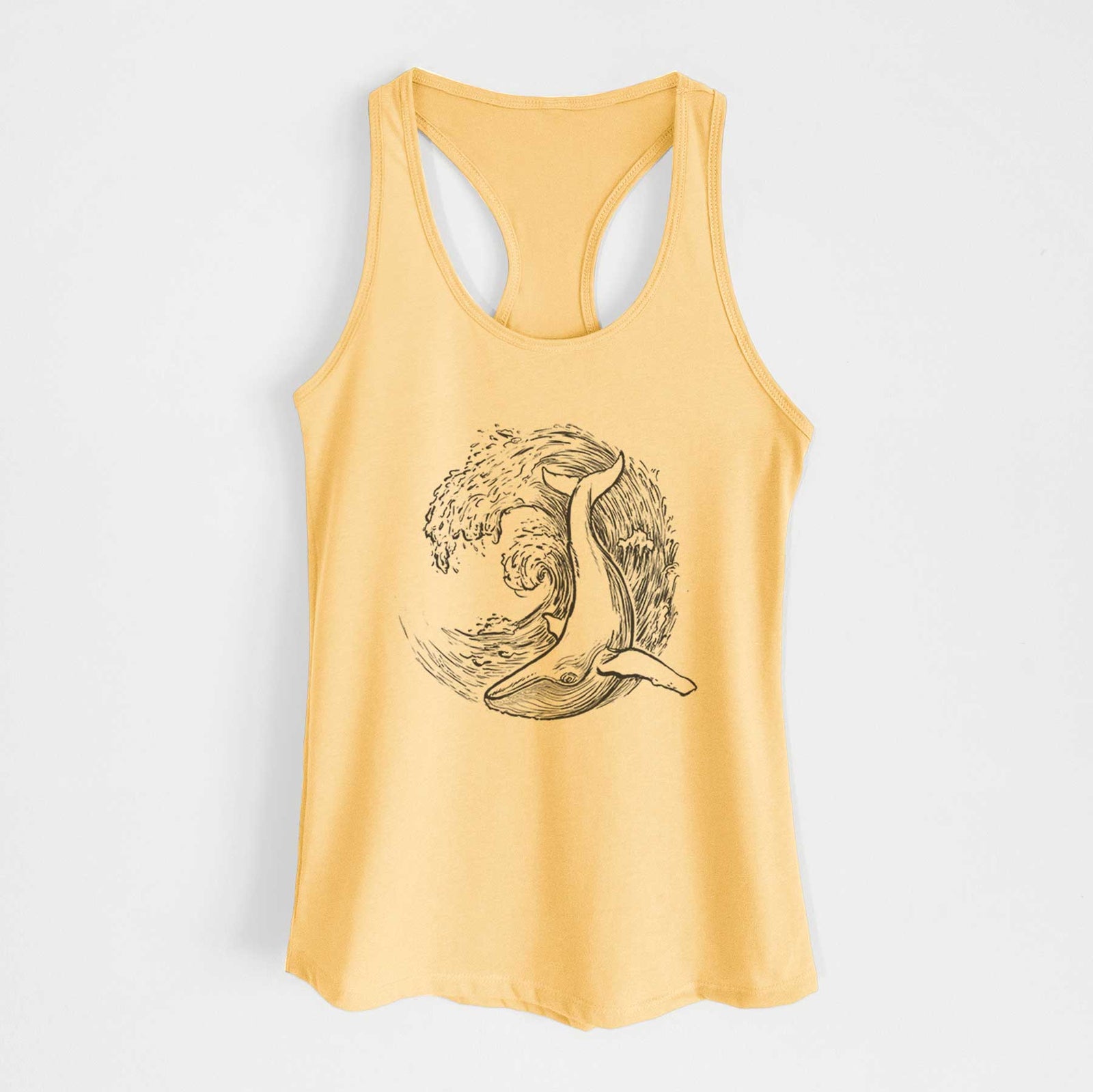 Banana cream women's racerback tank top laid flat, printed with a black ink illustration of a humpback whale swimming inside a curling ocean wave.