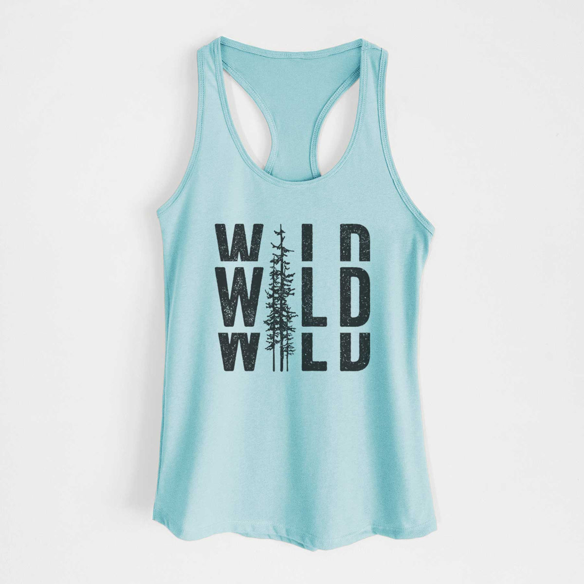 Cancun blue women's racerback tank top laid flat, printed with bold black text reading WILD stacked three times, with a tall pine tree forming the letter I.
