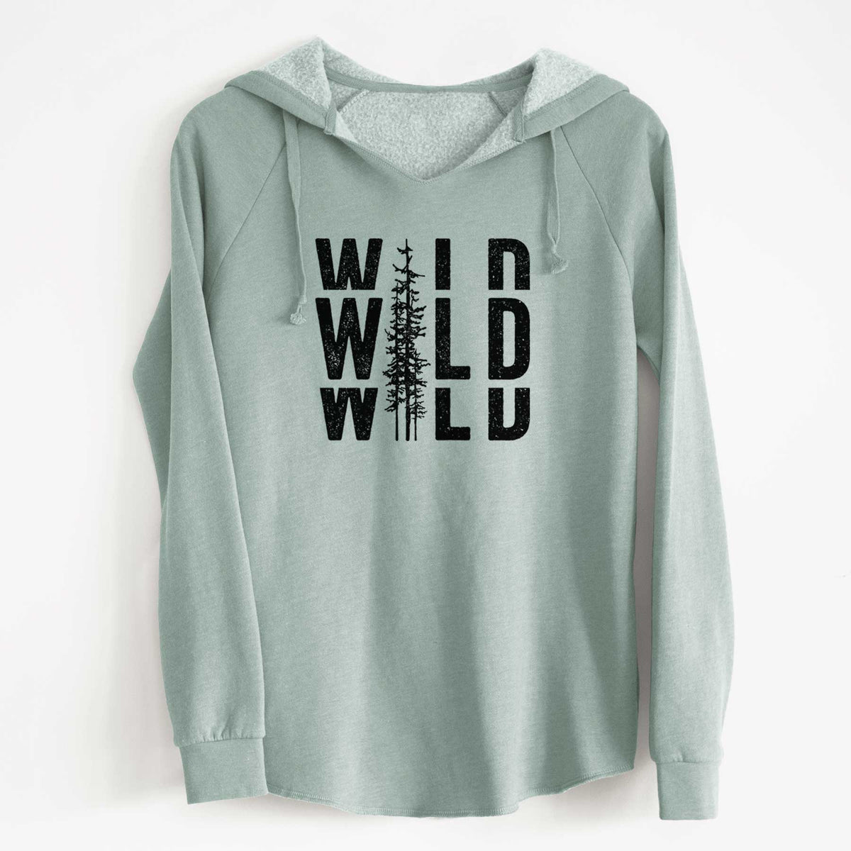 Sage green women's Cali Wave hooded sweatshirt laid flat, printed with bold black text reading WILD stacked three times, with a tall pine tree forming the letter I.
