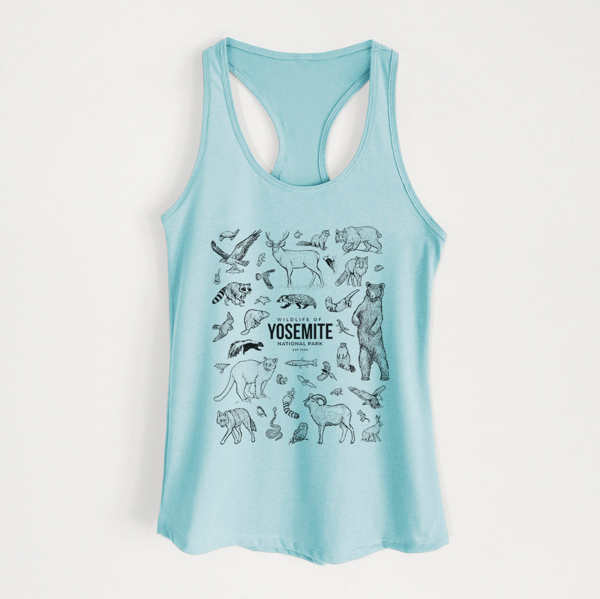 Cancun blue women's racerback tank top laid flat, printed with a collection of black ink wildlife illustrations surrounding the words Yosemite National Park.