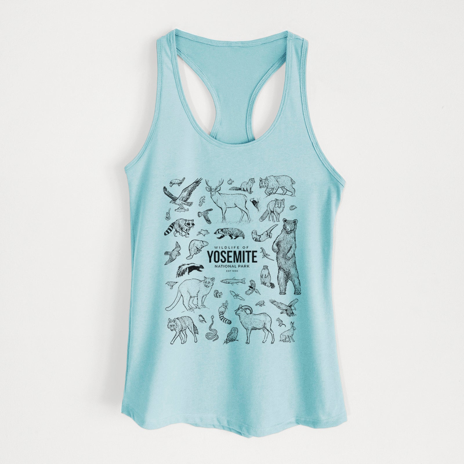 Banana cream women's racerback tank top laid flat, printed with a collection of black ink wildlife illustrations surrounding the words Yosemite National Park.