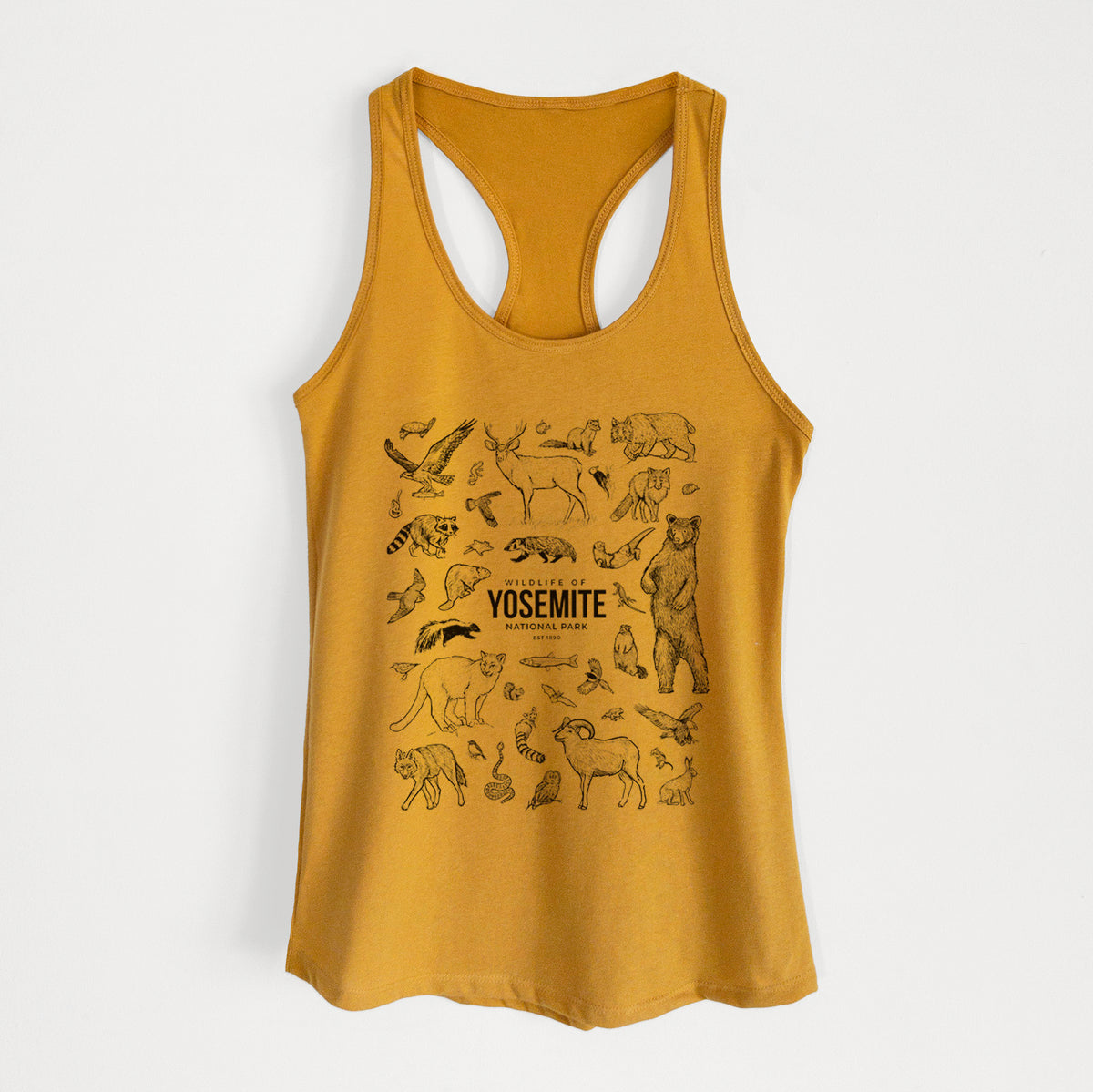 Gold women's racerback tank top laid flat, printed with a collection of black ink wildlife illustrations surrounding the words Yosemite National Park.