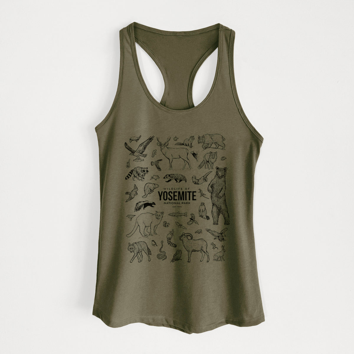 Military green women's racerback tank top laid flat, printed with a collection of black ink wildlife illustrations surrounding the words Yosemite National Park.