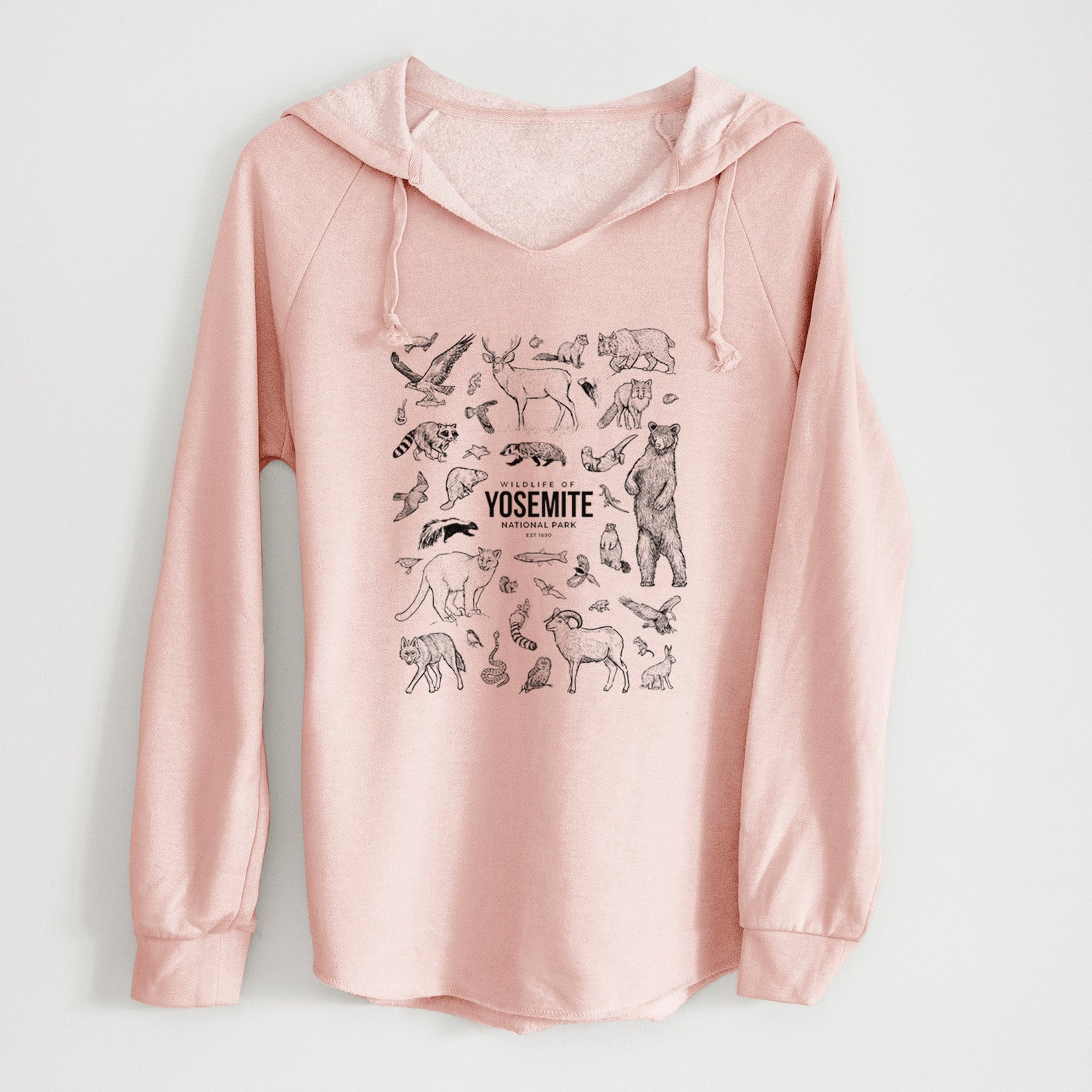 Sage green women's Cali Wave hooded sweatshirt laid flat, printed with a collection of black ink wildlife illustrations surrounding the words Yosemite National Park.