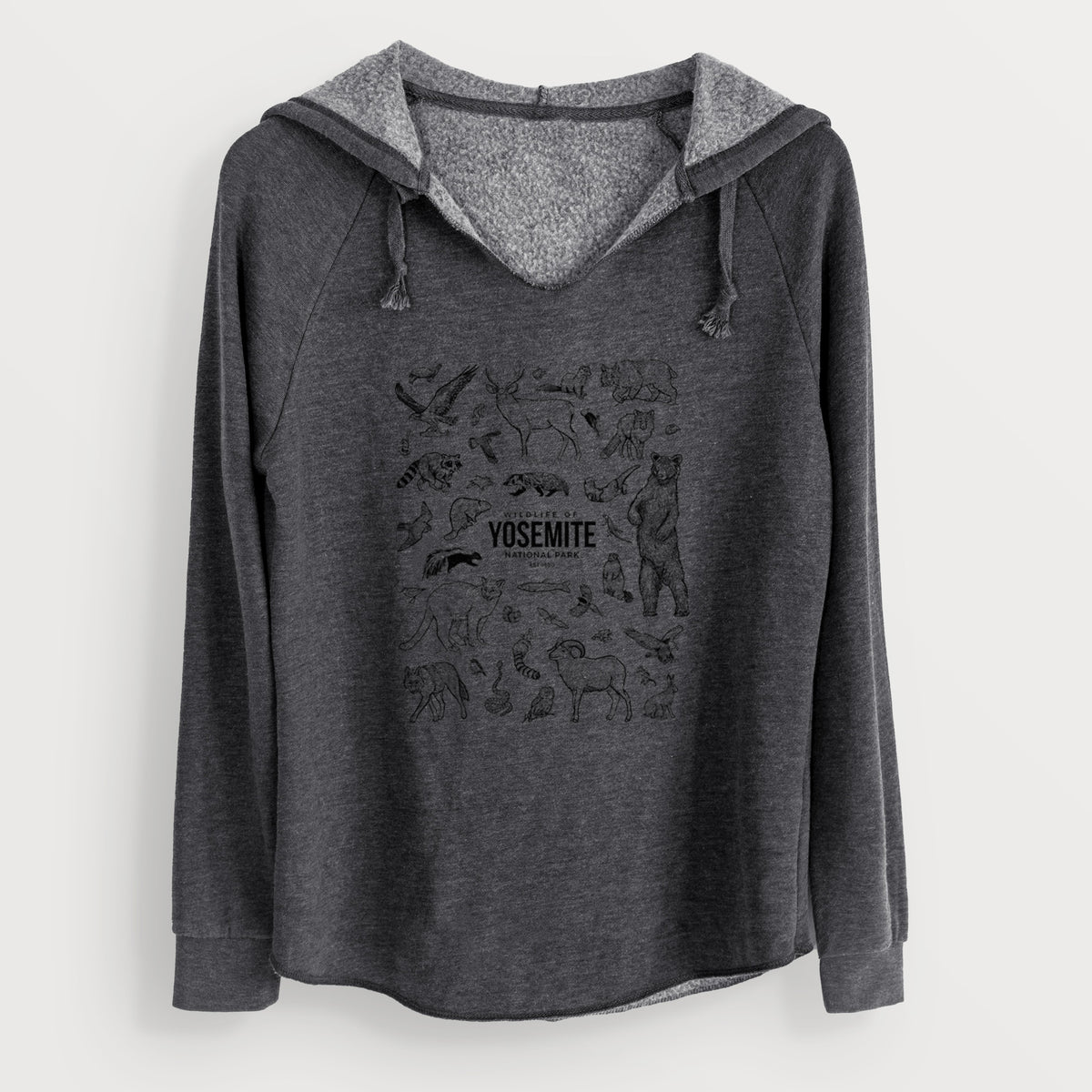 Charcoal grey women's Cali Wave hooded sweatshirt laid flat, printed with a collection of black ink wildlife illustrations surrounding the words Yosemite National Park.