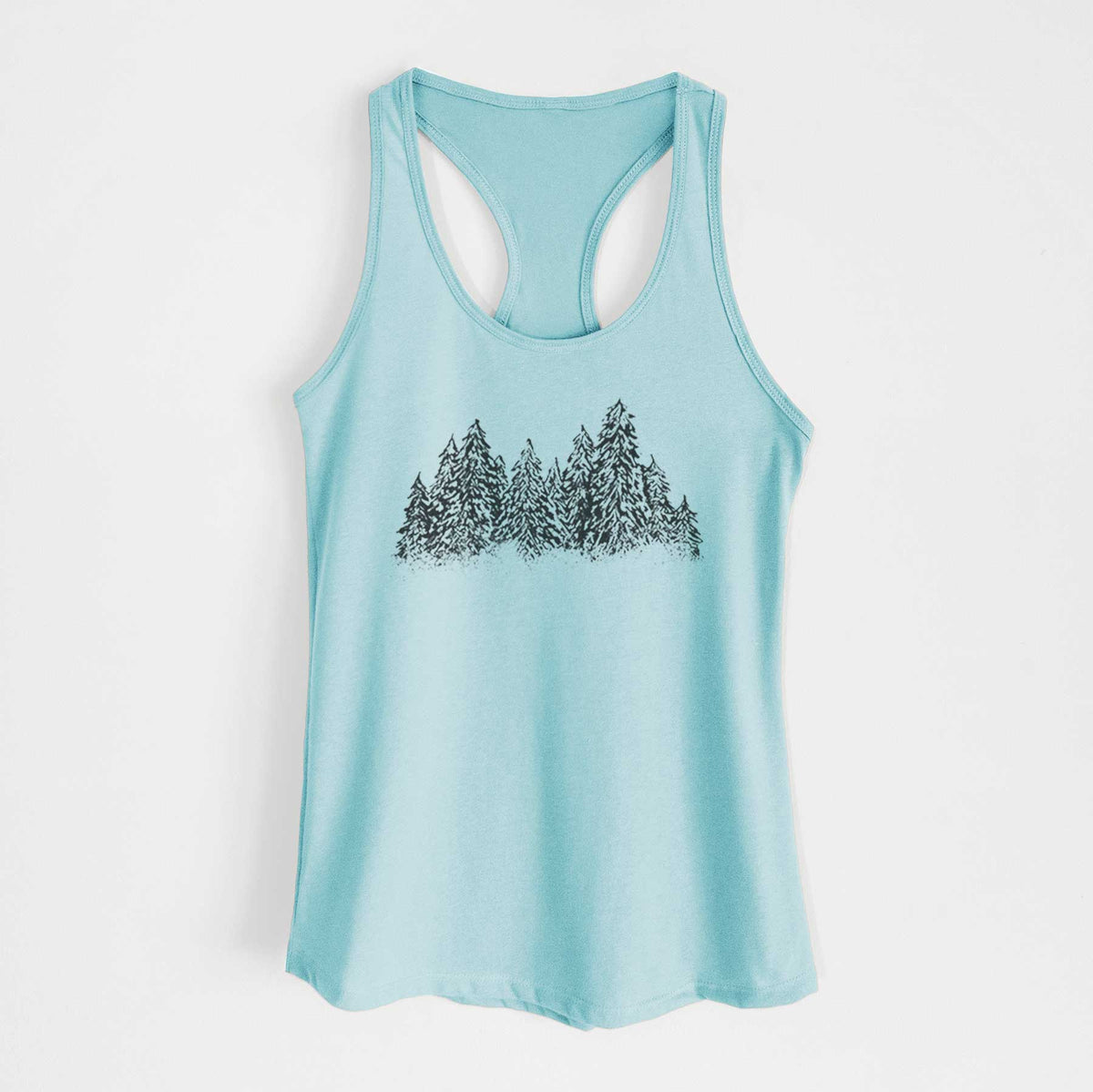 Cancun blue women's racerback tank top laid flat, printed with a black ink illustration of a row of snow-dusted evergreen trees.