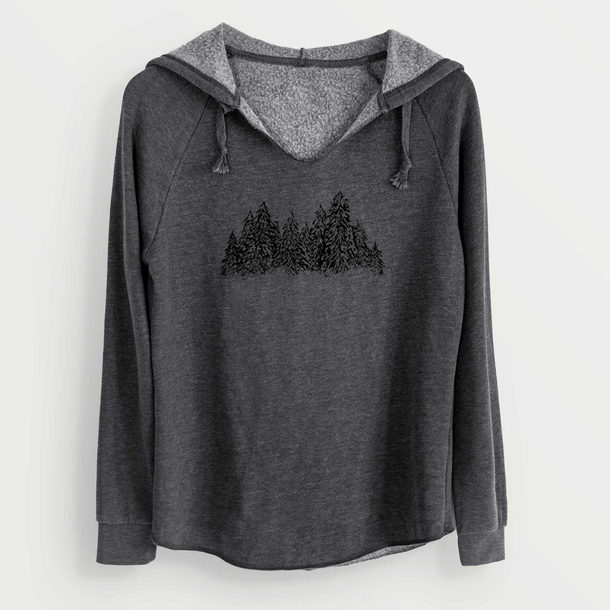 Charcoal grey women's Cali Wave hooded sweatshirt laid flat, printed with a black ink illustration of a row of snow-dusted evergreen trees.