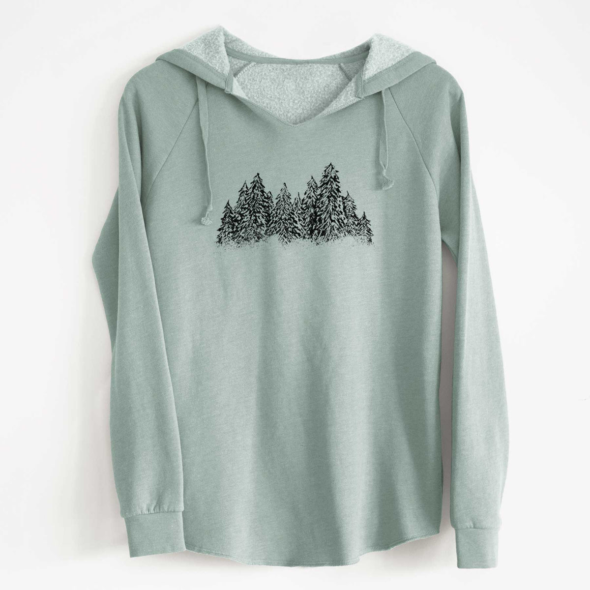 Sage green women's Cali Wave hooded sweatshirt laid flat, printed with a black ink illustration of a row of snow-dusted evergreen trees.