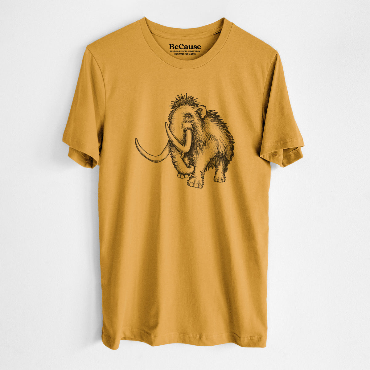 Mustard yellow lightweight cotton t-shirt laid flat, printed with a black ink illustration of a woolly mammoth with long curved tusks.