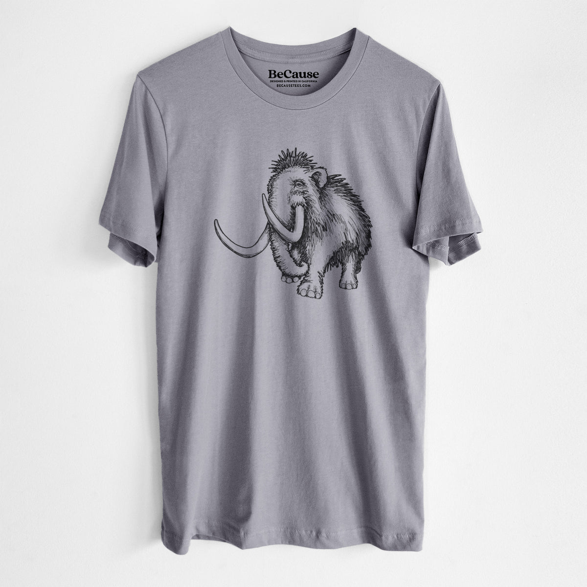 Storm grey lightweight cotton t-shirt laid flat, printed with a black ink illustration of a woolly mammoth with long curved tusks.