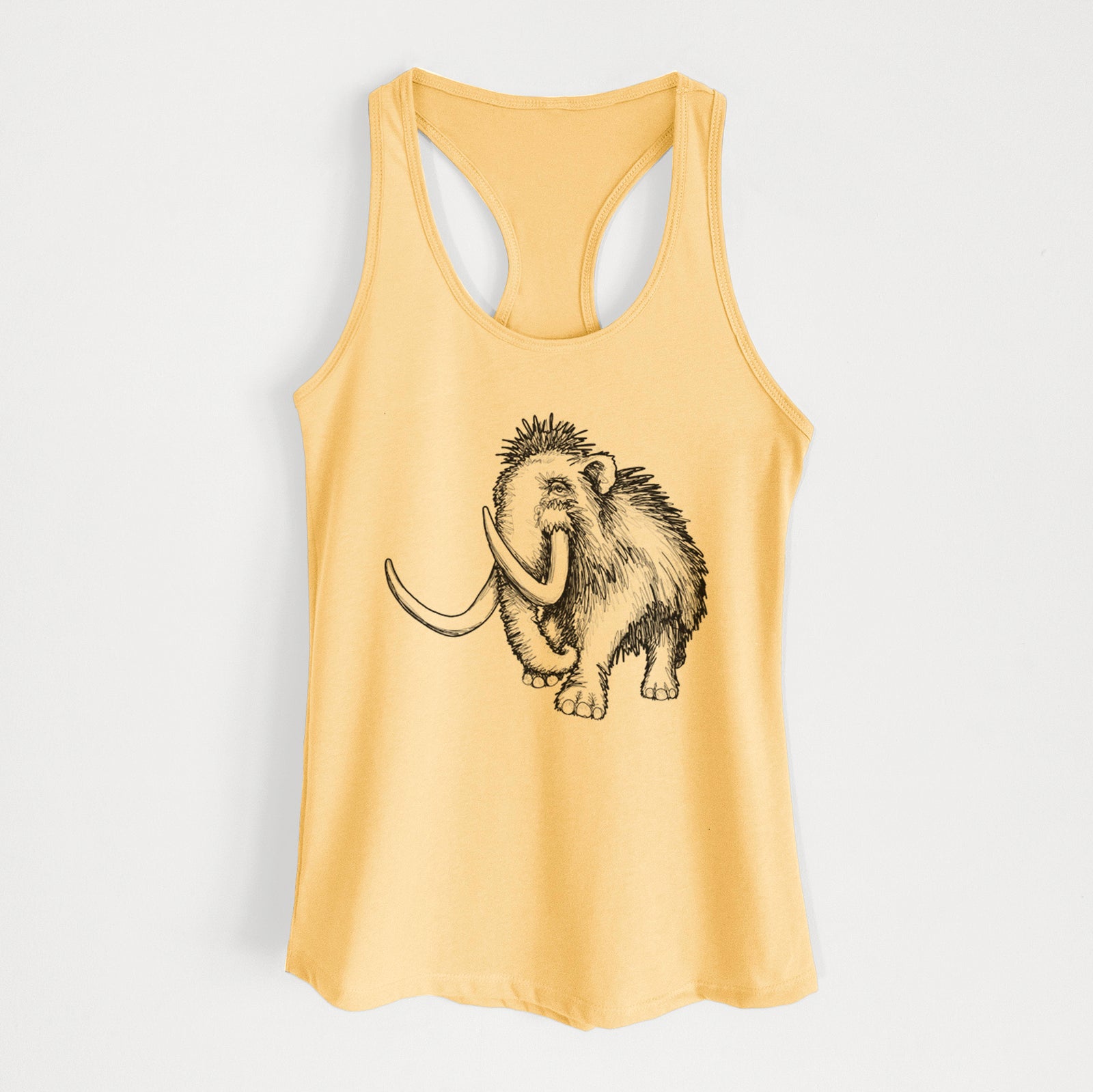 Banana cream women's racerback tank top laid flat, printed with a black ink illustration of a woolly mammoth with long curved tusks.