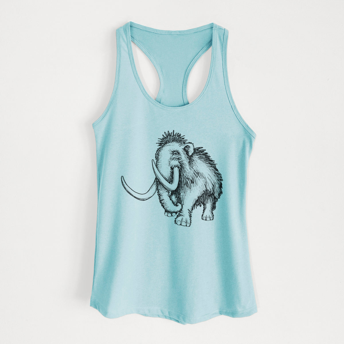 Cancun blue women's racerback tank top laid flat, printed with a black ink illustration of a woolly mammoth with long curved tusks.