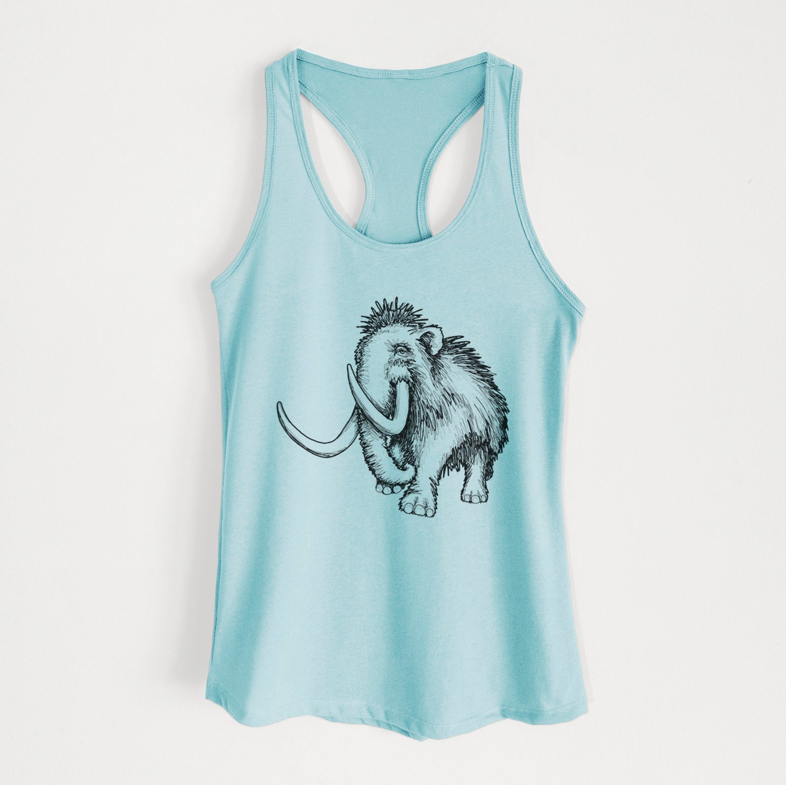 Banana cream women's racerback tank top laid flat, printed with a black ink illustration of a woolly mammoth with long curved tusks.
