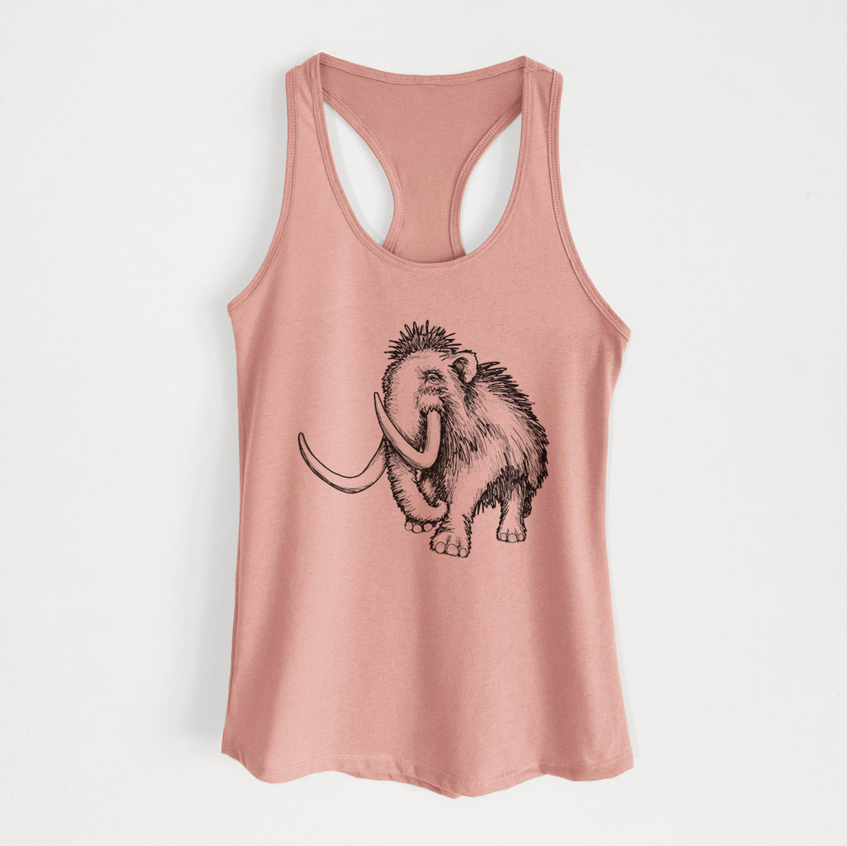 Desert pink women's racerback tank top laid flat, printed with a black ink illustration of a woolly mammoth with long curved tusks.
