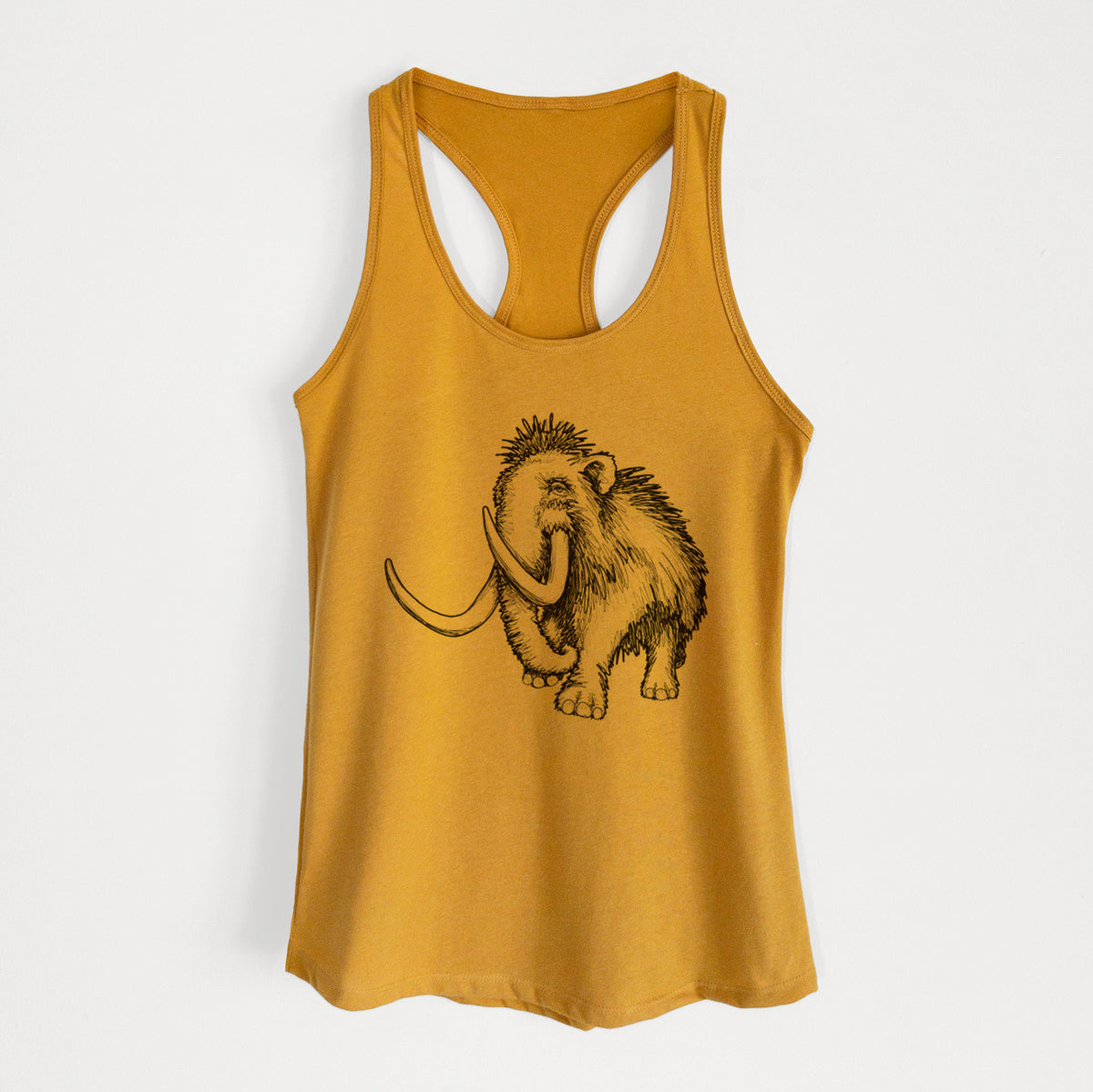 Gold women's racerback tank top laid flat, printed with a black ink illustration of a woolly mammoth with long curved tusks.