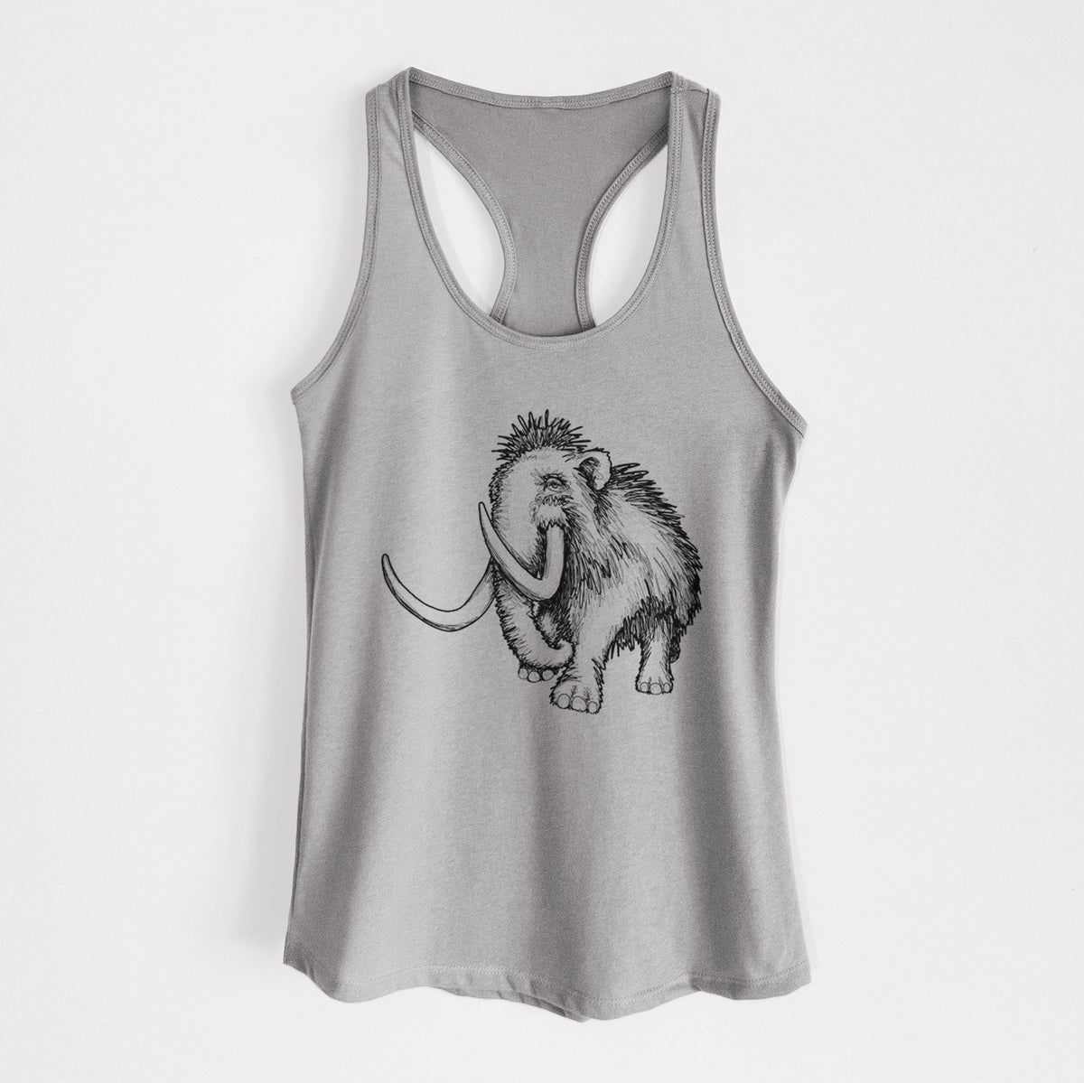 Heather grey women's racerback tank top laid flat, printed with a black ink illustration of a woolly mammoth with long curved tusks.