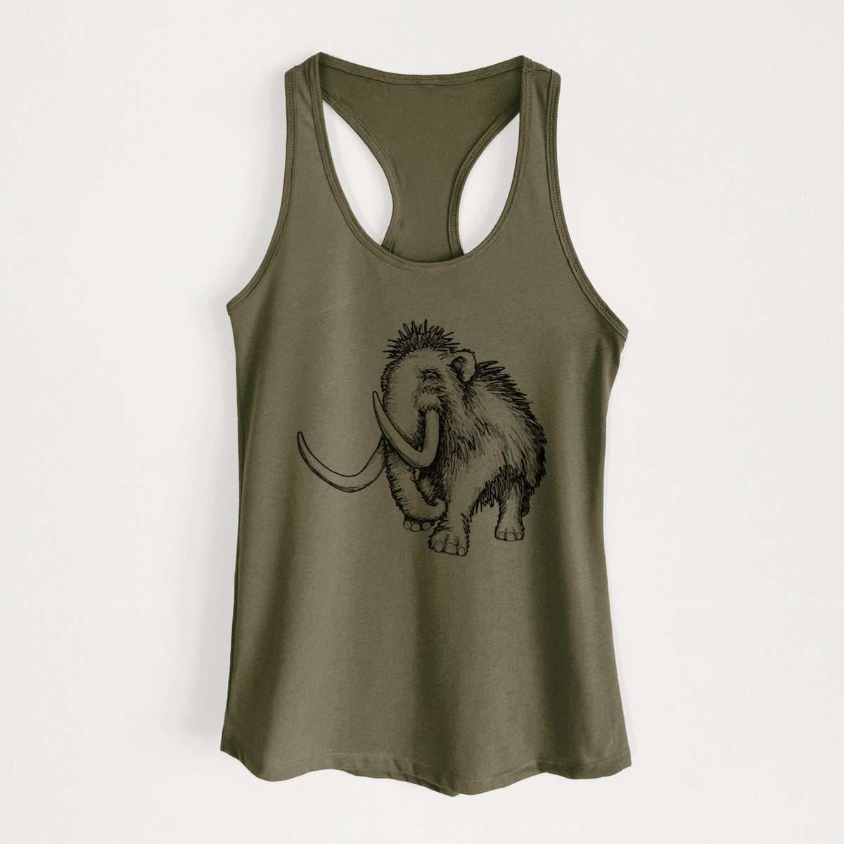 Military green women's racerback tank top laid flat, printed with a black ink illustration of a woolly mammoth with long curved tusks.