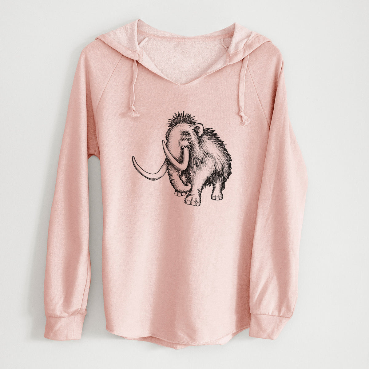 Blush pink women's Cali Wave hooded sweatshirt laid flat, printed with a black ink illustration of a woolly mammoth with long curved tusks.