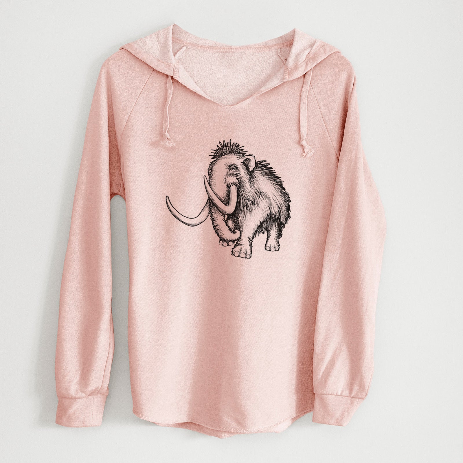 Sage green women's Cali Wave hooded sweatshirt laid flat, printed with a black ink illustration of a woolly mammoth with long curved tusks.