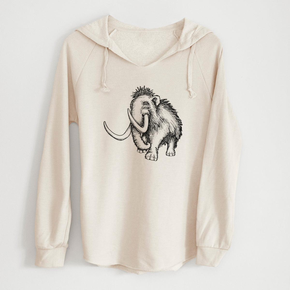 Bone cream women's Cali Wave hooded sweatshirt laid flat, printed with a black ink illustration of a woolly mammoth with long curved tusks.