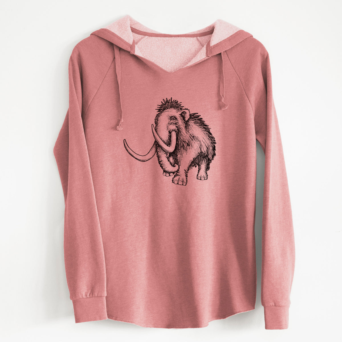 Dusty rose women's Cali Wave hooded sweatshirt laid flat, printed with a black ink illustration of a woolly mammoth with long curved tusks.