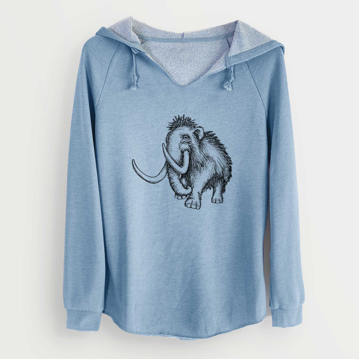 Misty blue women's Cali Wave hooded sweatshirt laid flat, printed with a black ink illustration of a woolly mammoth with long curved tusks.