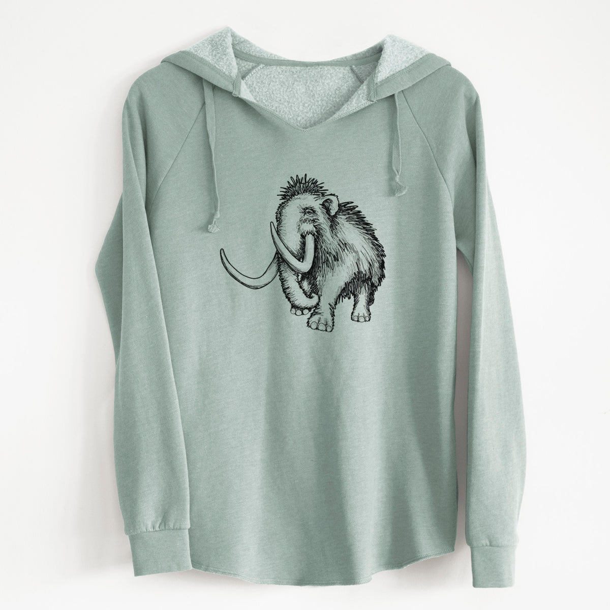 Sage green women's Cali Wave hooded sweatshirt laid flat, printed with a black ink illustration of a woolly mammoth with long curved tusks.
