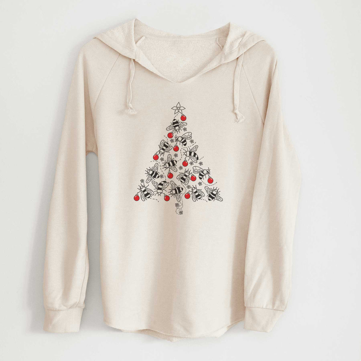 Bone cream women's Cali Wave hooded sweatshirt laid flat, printed with a Christmas tree made of black ink bees with red ornaments and a star on top.
