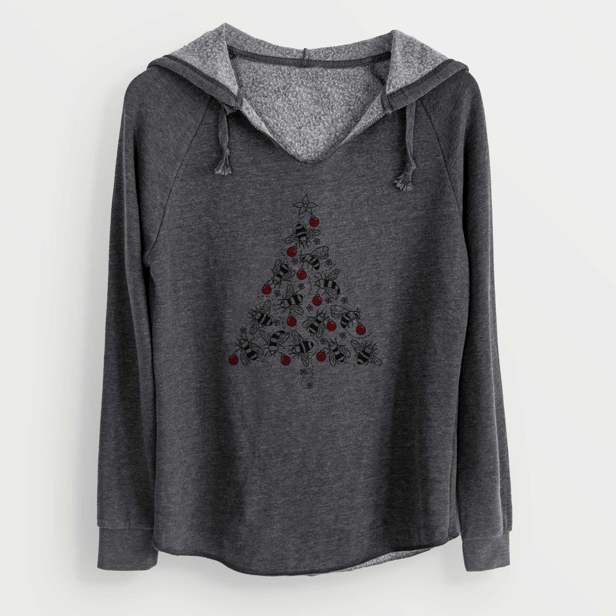 Charcoal grey women's Cali Wave hooded sweatshirt laid flat, printed with a Christmas tree made of black ink bees with red ornaments and a star on top.