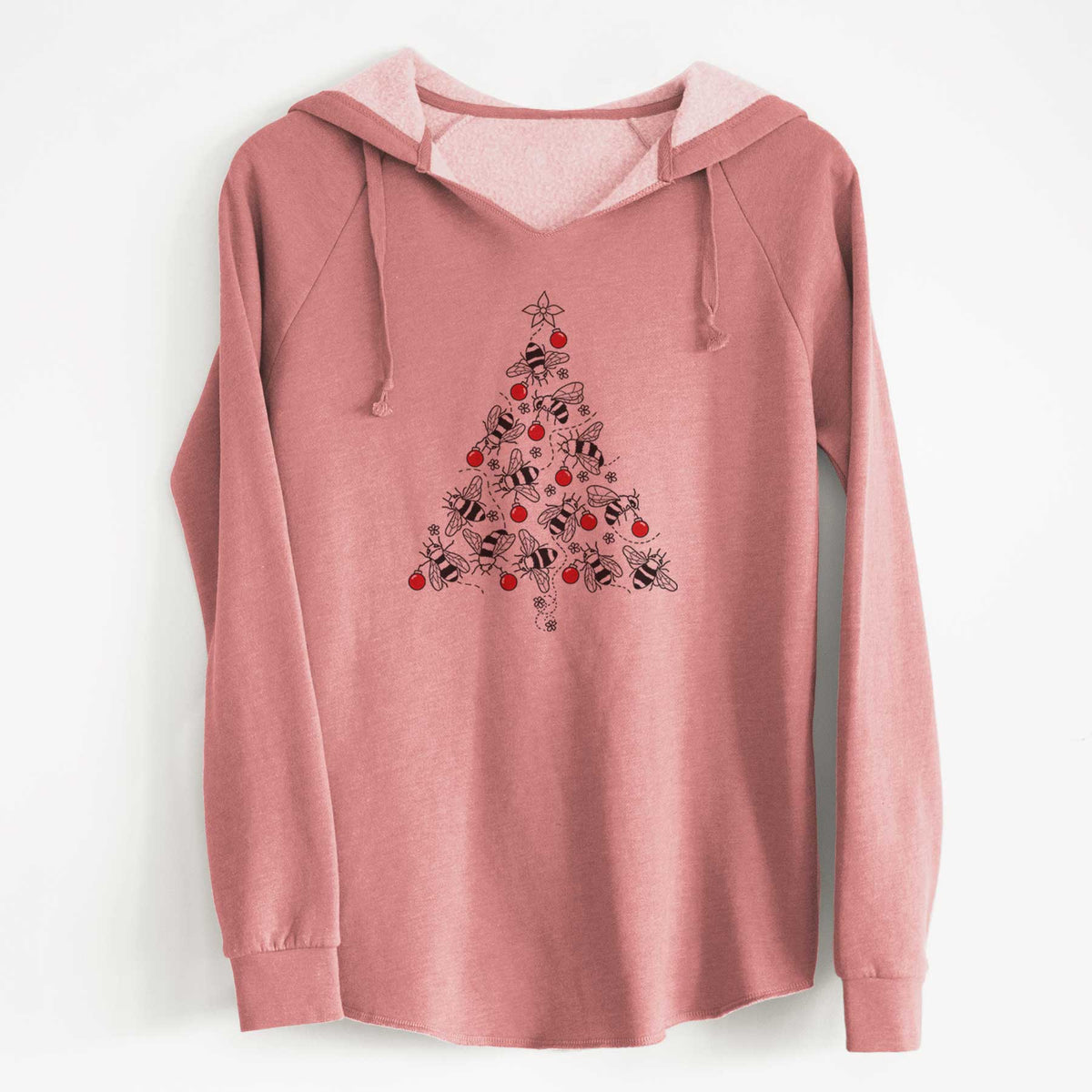 Dusty rose women's Cali Wave hooded sweatshirt laid flat, printed with a Christmas tree made of black ink bees with red ornaments and a star on top.