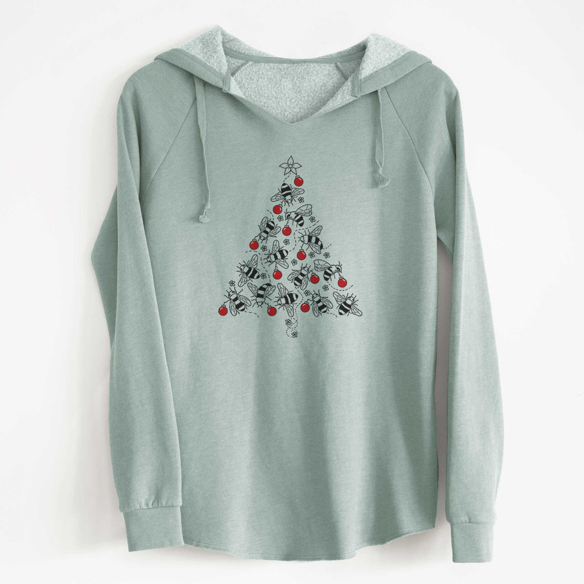 Sage green women's Cali Wave hooded sweatshirt laid flat, printed with a Christmas tree made of black ink bees with red ornaments and a star on top.