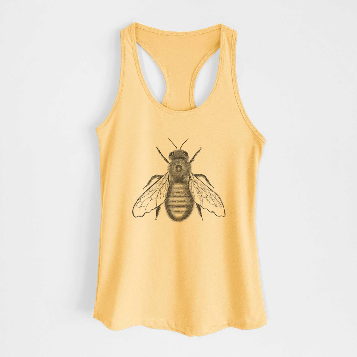 Banana cream women's racerback tank top laid flat, printed with a detailed black ink illustration of an eastern carpenter bee with its wings spread, seen from above.
