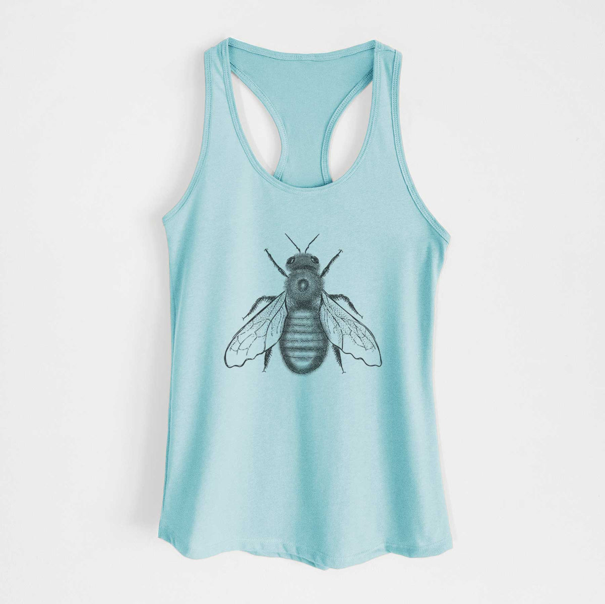 Cancun blue women's racerback tank top laid flat, printed with a detailed black ink illustration of an eastern carpenter bee with its wings spread, seen from above.