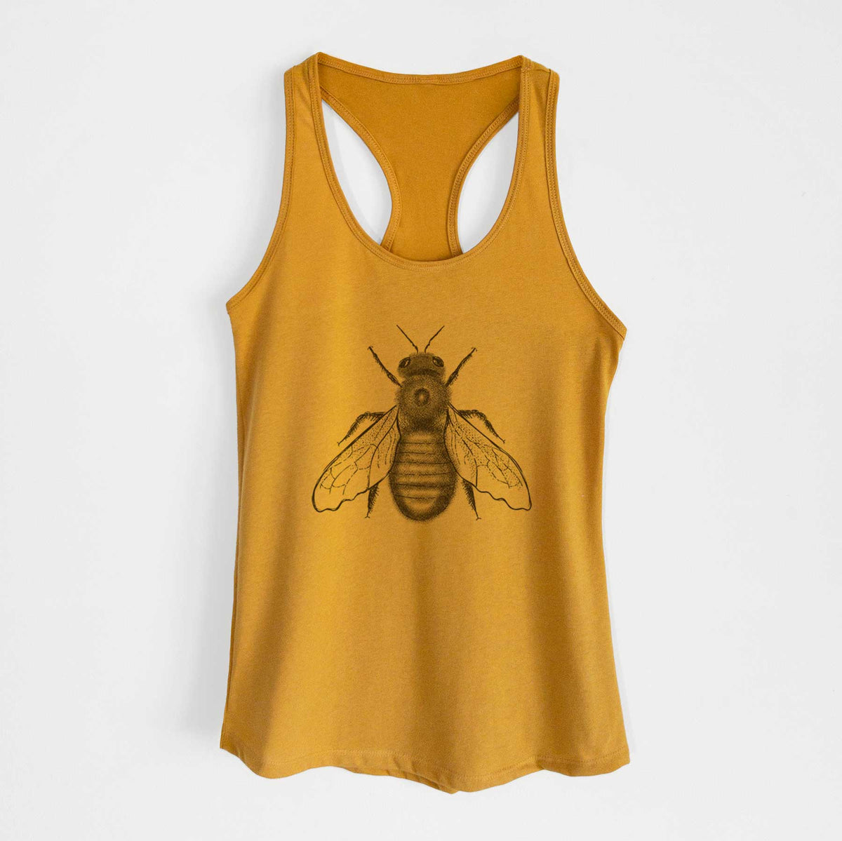 Gold women's racerback tank top laid flat, printed with a detailed black ink illustration of an eastern carpenter bee with its wings spread, seen from above.