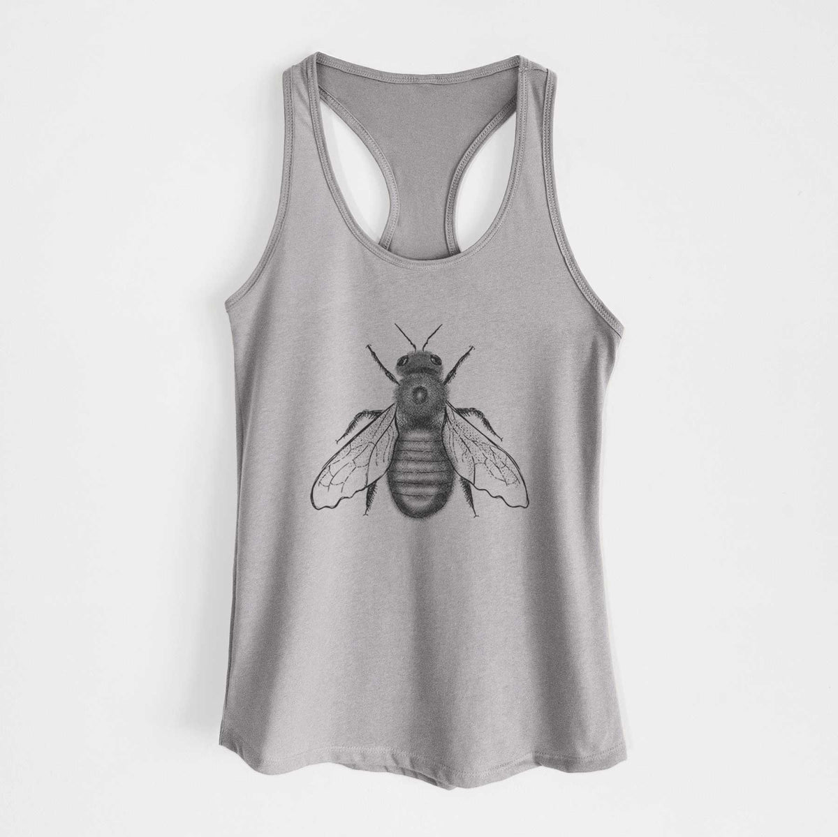 Heather grey women's racerback tank top laid flat, printed with a detailed black ink illustration of an eastern carpenter bee with its wings spread, seen from above.