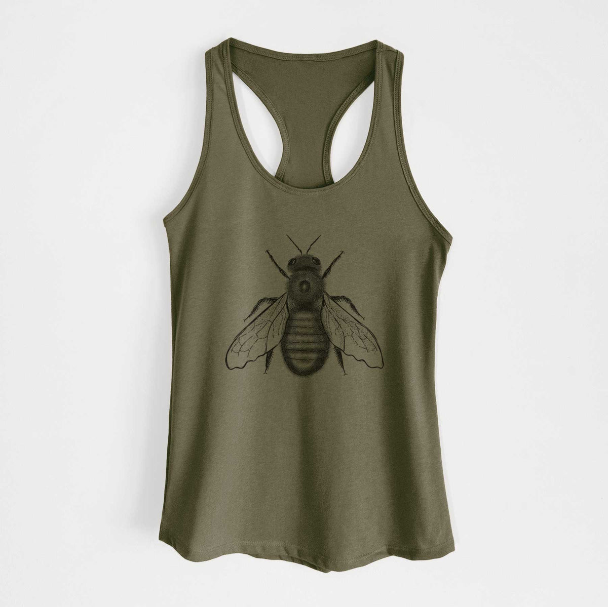 Military green women's racerback tank top laid flat, printed with a detailed black ink illustration of an eastern carpenter bee with its wings spread, seen from above.