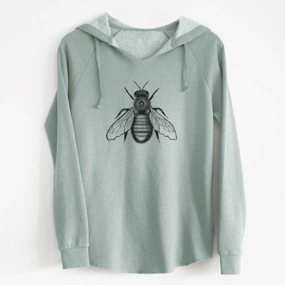 Sage green women's Cali Wave hooded sweatshirt laid flat, printed with a detailed black ink illustration of an eastern carpenter bee with its wings spread, seen from above.