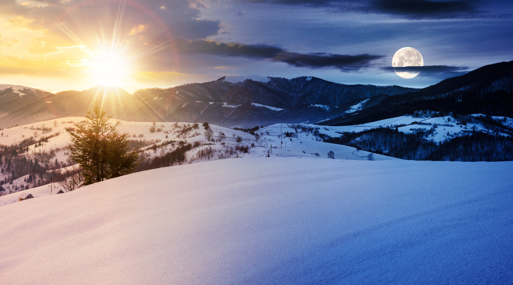 Scenic snowy landscape with a sunrise and full moon, symbolizing the balance of light and darkness on the winter solstice, ideal for ideas on how to celebrate winter solstice.