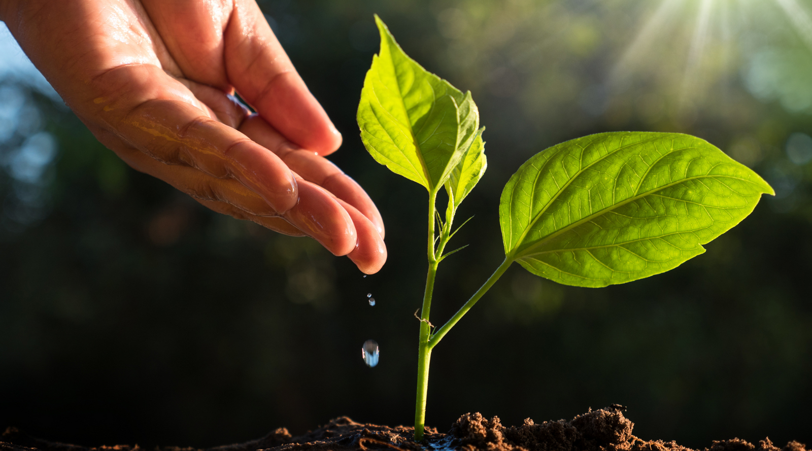 Hand gently watering a young plant in a water-wise garden with sunlight in the background