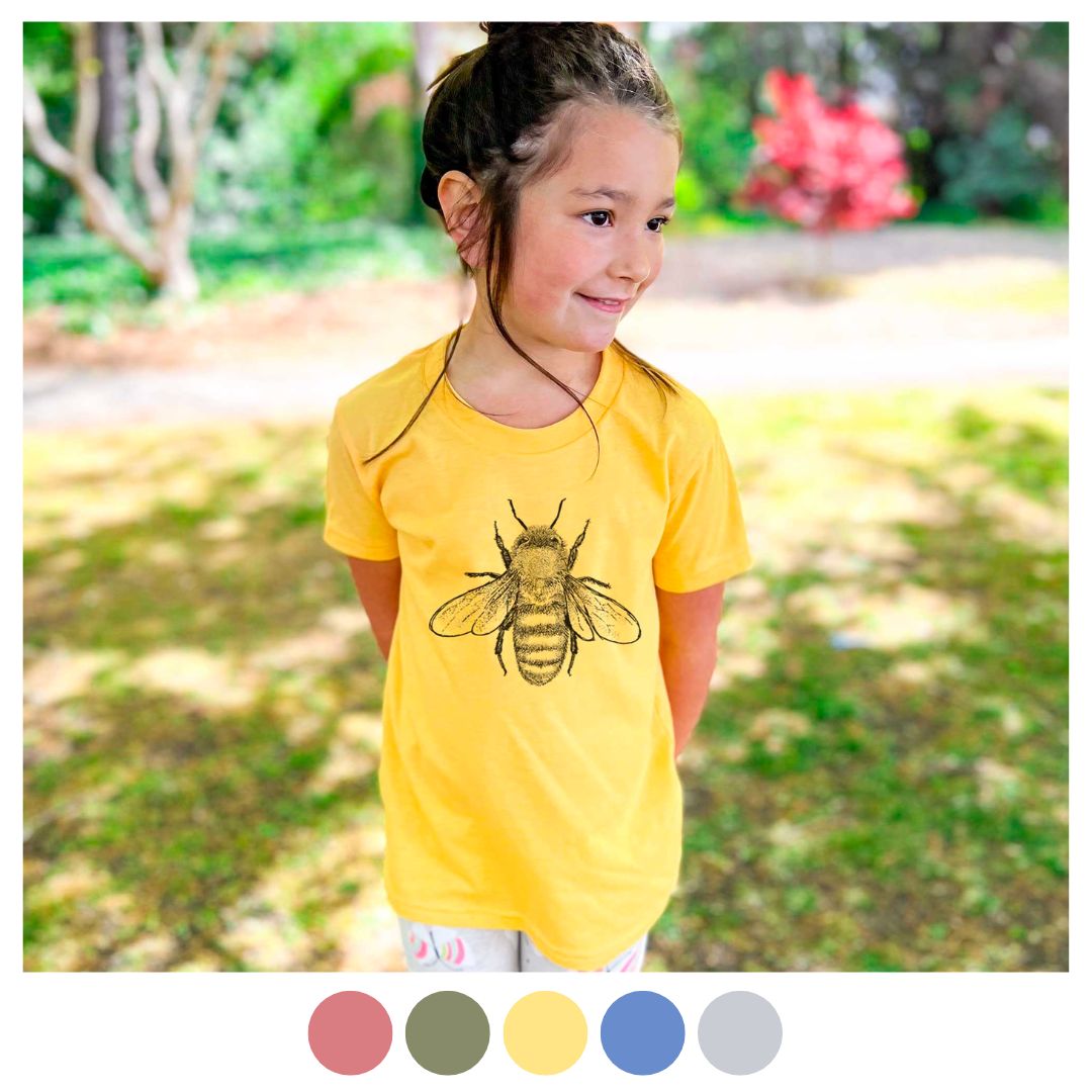 kids honey bee shirt — Brighten up your little one's wardrobe with Because Tees' illustrated graphic tees for kids! Featuring adorable designs celebrating endangered creatures, these shirts are perfect for your little animal lover.