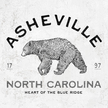 Hand drawn black bear illustration with Asheville North Carolina text on graphic shirts, hoodies, and tees.