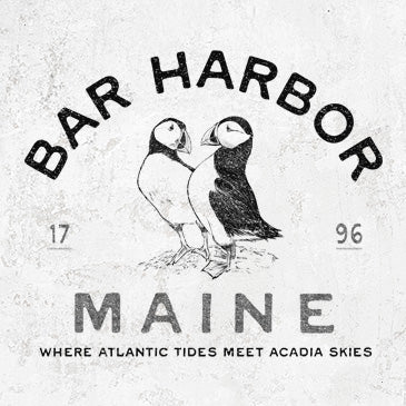 Line art illustration of two Atlantic puffins standing together with Bar Harbor Maine text on graphic tees, shirts, and hoodies.