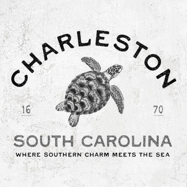 Hand drawn loggerhead sea turtle illustration with Charleston South Carolina text on graphic tees, shirts, and hoodies.