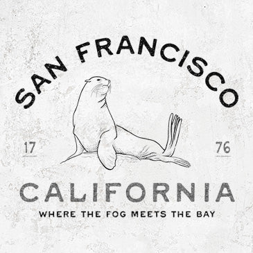Line art illustration of a sea lion sunbathing with San Francisco California text on graphic tees, hoodies, and apparel.