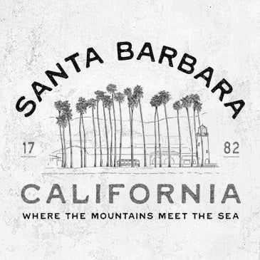 Line art drawing of palm trees with Santa Barbara California text on graphic shirts, tees, and hoodies.